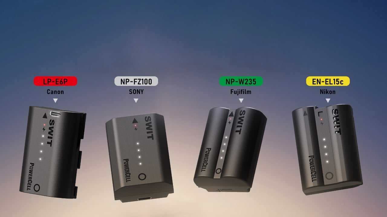 SWIT's PowerCell USB-C rechargeable camera battery lineup for Canon, Nikon, Sony, and Fujifilm