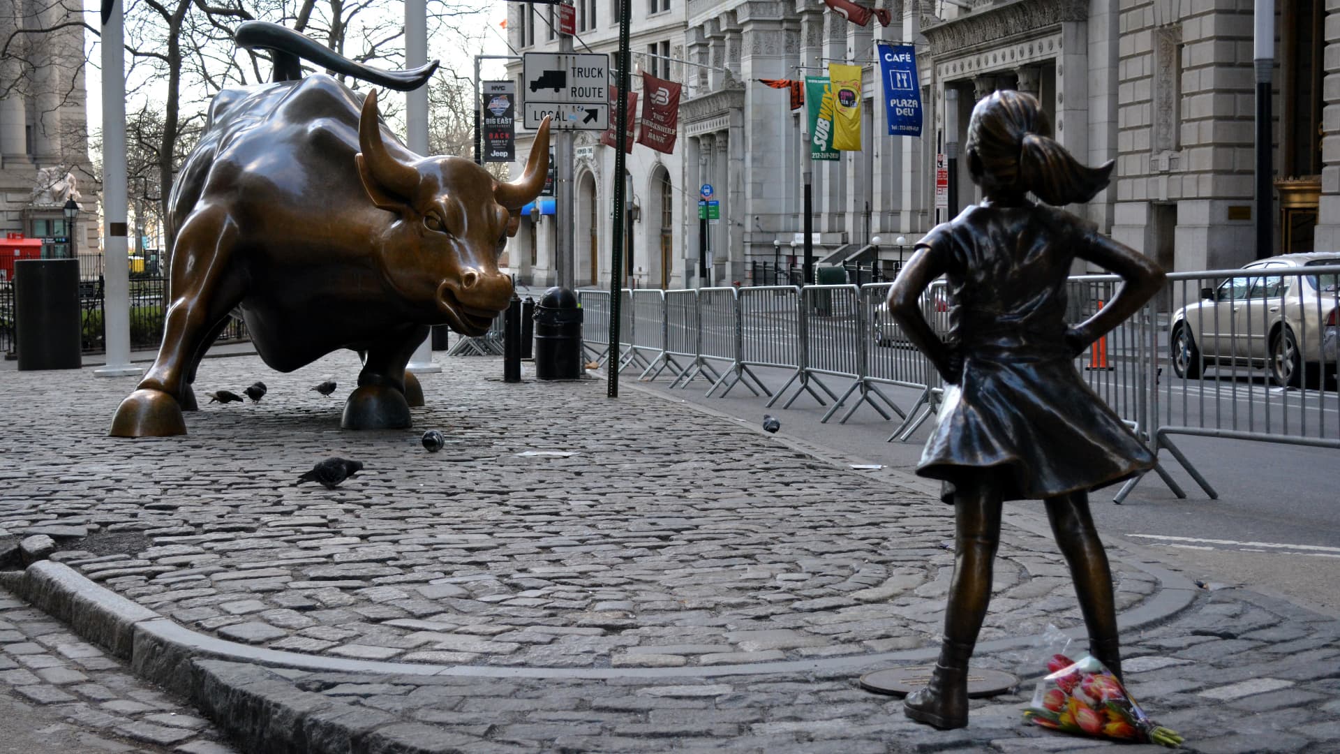 `The Fearless Girl` statue facing the Charging Bull in Lower Manhattan erected to honor International Women's Day 2017. Pic: 