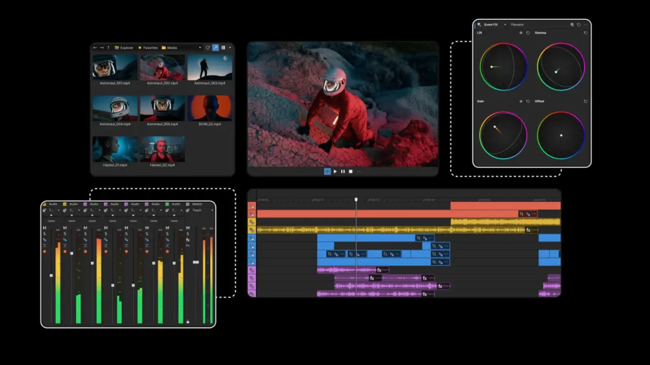 The VEGAS Pro 23 UI combines familiar UI elements with a modern look